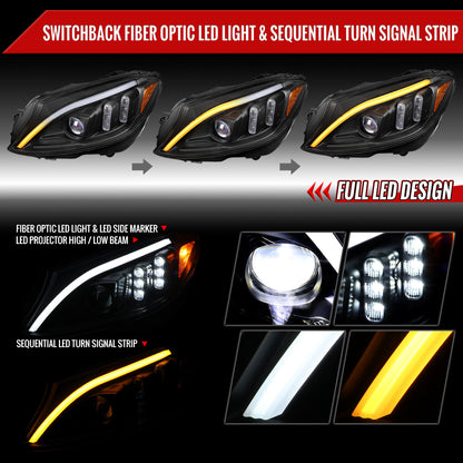 2015-2018 Mercedes-Benz C-Class W205 Full LED Projector Headlights with Sequential Turn Signal (Matte Black Housing/Clear Lens)
