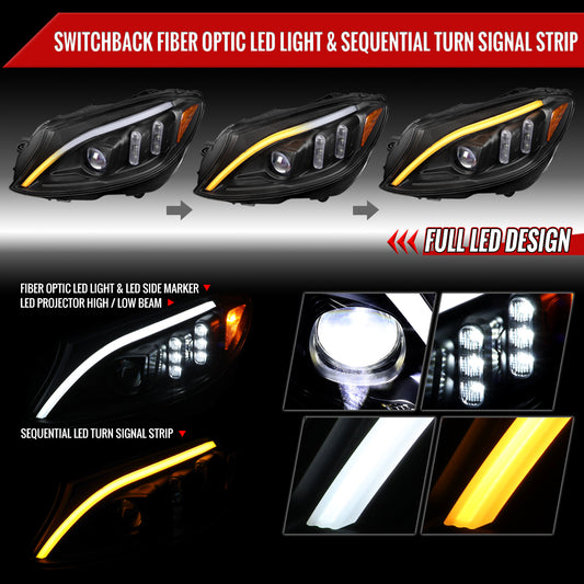 2015-2018 Mercedes-Benz C-Class W205 Full LED Projector Headlights with Sequential Turn Signal (Matte Black Housing/Clear Lens)