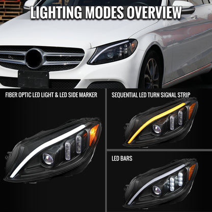 2015-2018 Mercedes-Benz C-Class W205 Full LED Projector Headlights with Sequential Turn Signal (Matte Black Housing/Clear Lens)