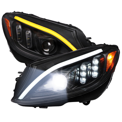 2015-2018 Mercedes-Benz C-Class W205 Full LED Projector Headlights with Sequential Turn Signal (Matte Black Housing/Clear Lens)