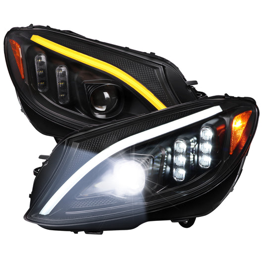 2015-2018 Mercedes-Benz C-Class W205 Full LED Projector Headlights with Sequential Turn Signal (Matte Black Housing/Clear Lens)