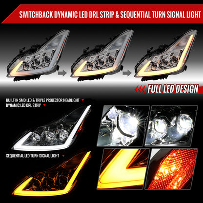 2008-2013 Infiniti G37/2014-2015 Q60 Coupe/Convertible Sequential Switchback LED Turn Signal Full LED Triple Projector Headlights (Chrome Housing / Clear Lens)