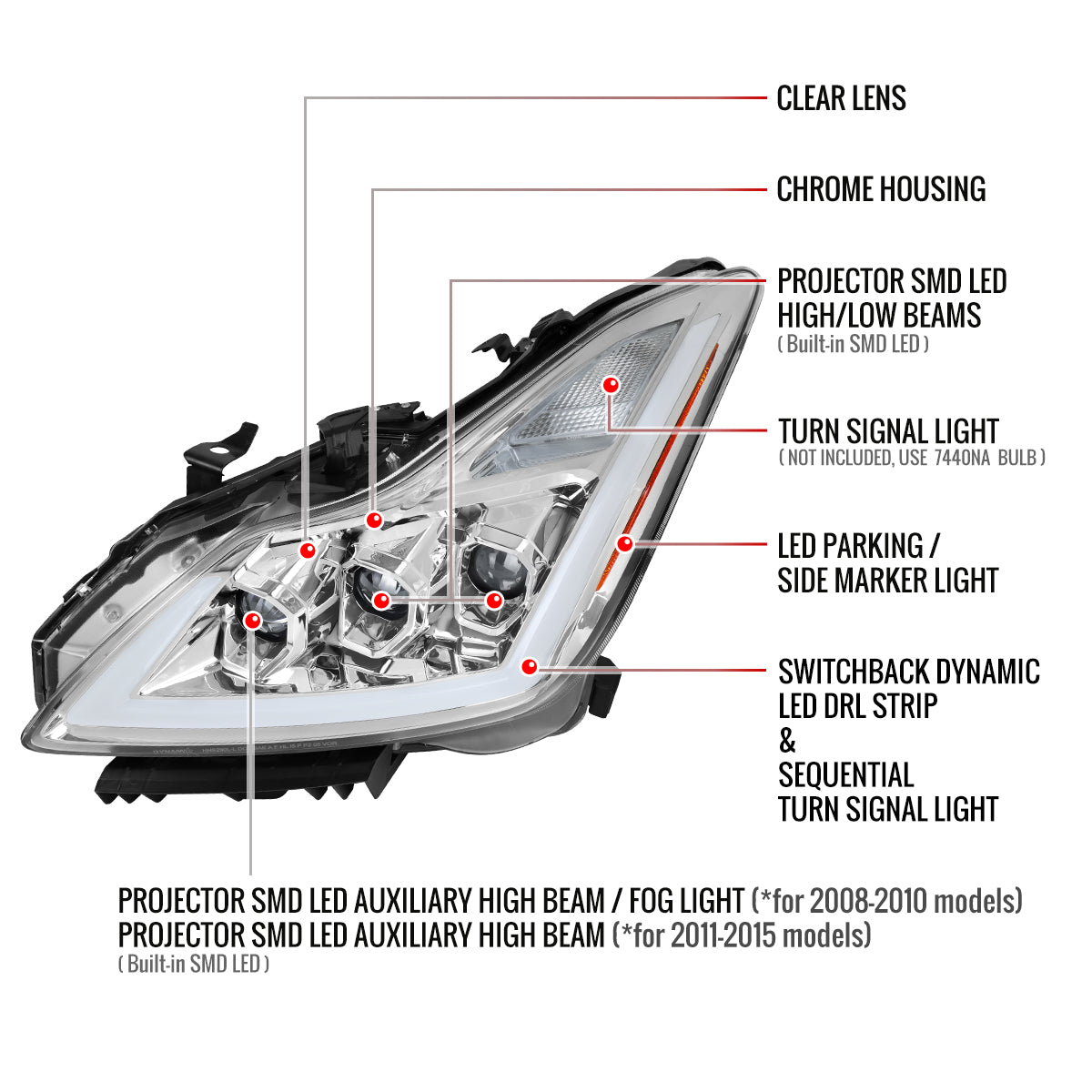 2008-2013 Infiniti G37/2014-2015 Q60 Coupe/Convertible Sequential Switchback LED Turn Signal Full LED Triple Projector Headlights (Chrome Housing / Clear Lens)