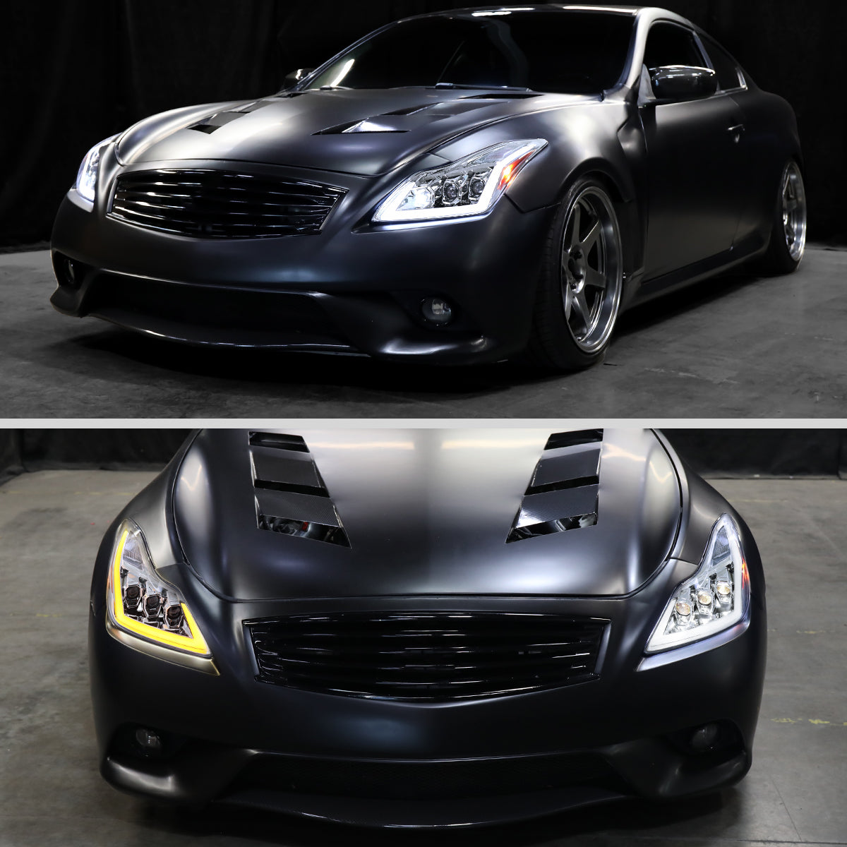 2008-2013 Infiniti G37/2014-2015 Q60 Coupe/Convertible Sequential Switchback LED Turn Signal Full LED Triple Projector Headlights (Chrome Housing / Clear Lens)