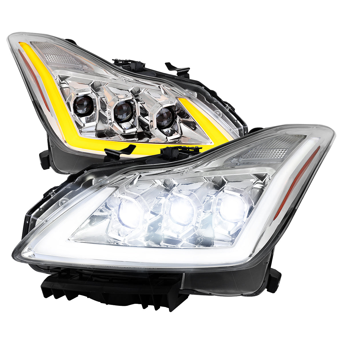 2008-2013 Infiniti G37/2014-2015 Q60 Coupe/Convertible Sequential Switchback LED Turn Signal Full LED Triple Projector Headlights (Chrome Housing / Clear Lens)