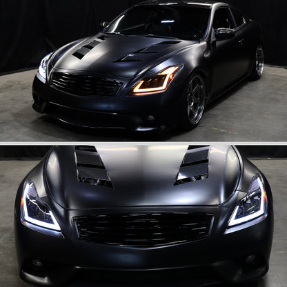 2008-2013 Infiniti G37/2014-2015 Q60 Coupe/Convertible Sequential Switchback LED Turn Signal Full LED Triple Projector Headlights (Matte Black Housing / Clear Lens)