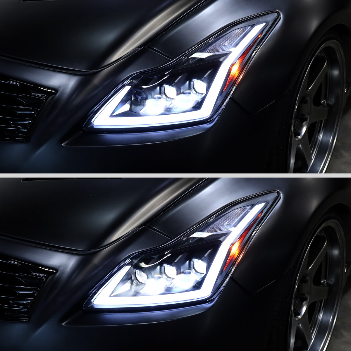 2008-2013 Infiniti G37/2014-2015 Q60 Coupe/Convertible Sequential Switchback LED Turn Signal Full LED Triple Projector Headlights (Matte Black Housing / Clear Lens)