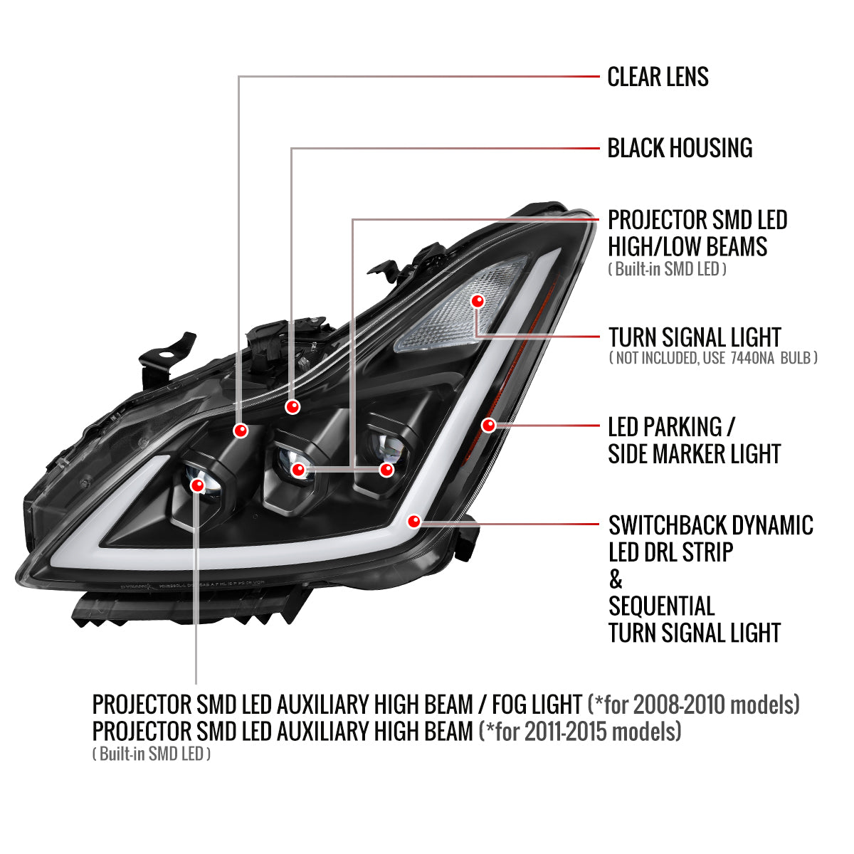 2008-2013 Infiniti G37/2014-2015 Q60 Coupe/Convertible Sequential Switchback LED Turn Signal Full LED Triple Projector Headlights (Matte Black Housing / Clear Lens)