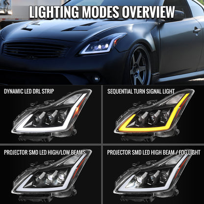 2008-2013 Infiniti G37/2014-2015 Q60 Coupe/Convertible Sequential Switchback LED Turn Signal Full LED Triple Projector Headlights (Matte Black Housing / Clear Lens)