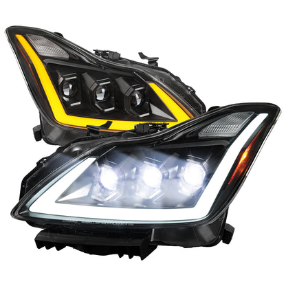 2008-2013 Infiniti G37/2014-2015 Q60 Coupe/Convertible Sequential Switchback LED Turn Signal Full LED Triple Projector Headlights (Matte Black Housing / Clear Lens)