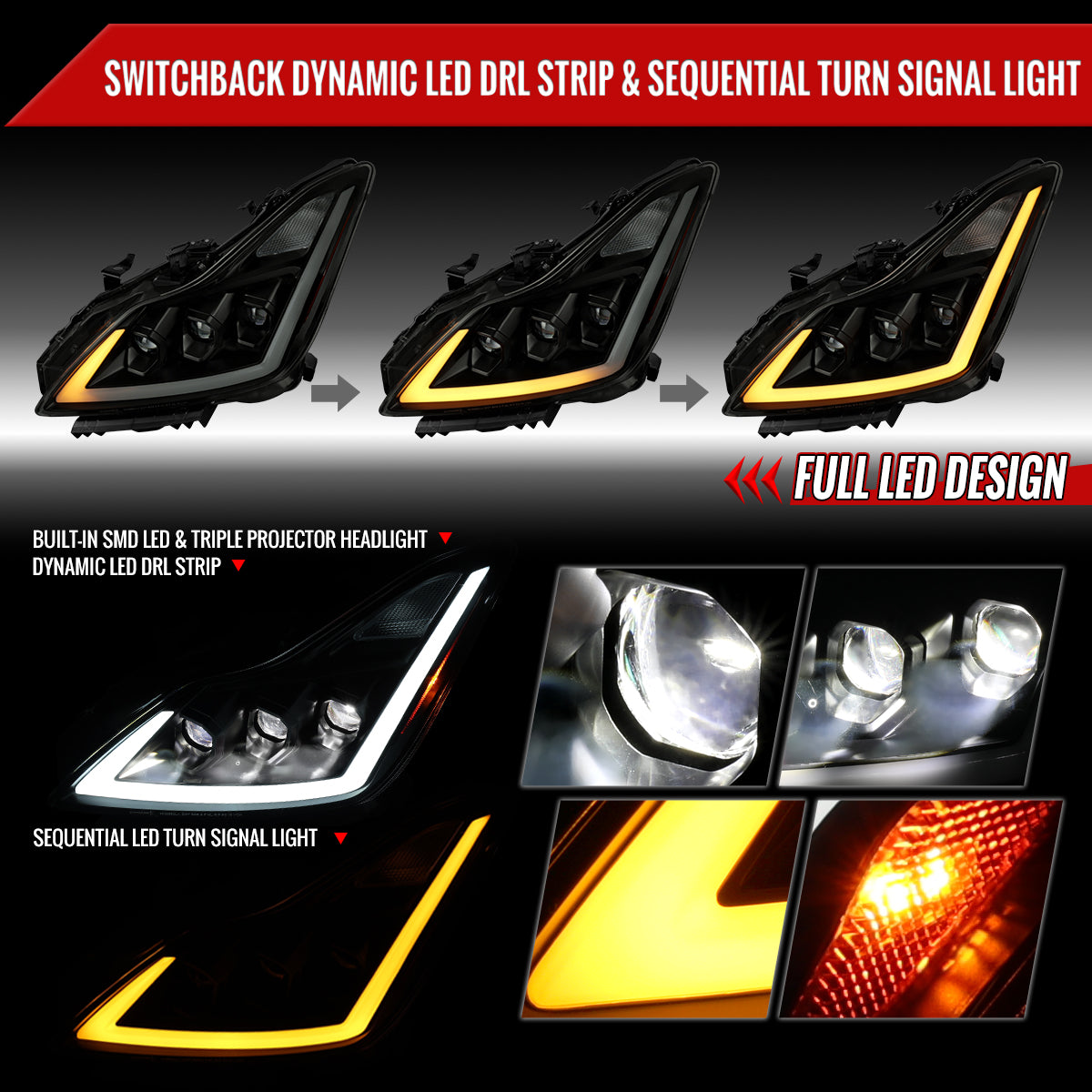 2008-2013 Infiniti G37/2014-2015 Q60 Coupe/Convertible Sequential Switchback LED Turn Signal Full LED Triple Projector Headlights (Matte Black Housing / Smoked Lens)