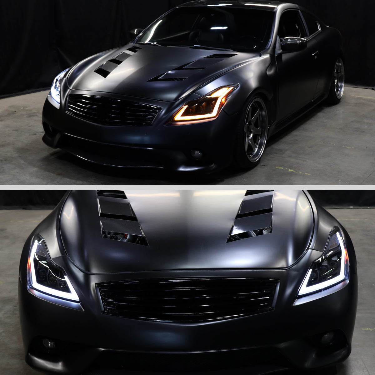 2008-2013 Infiniti G37/2014-2015 Q60 Coupe/Convertible Sequential Switchback LED Turn Signal Full LED Triple Projector Headlights (Matte Black Housing / Smoked Lens)