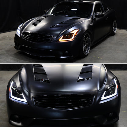 2008-2013 Infiniti G37/2014-2015 Q60 Coupe/Convertible Sequential Switchback LED Turn Signal Full LED Triple Projector Headlights (Matte Black Housing / Smoked Lens)