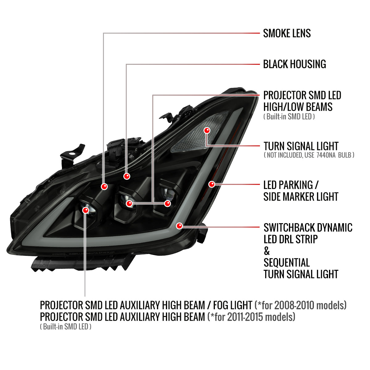 2008-2013 Infiniti G37/2014-2015 Q60 Coupe/Convertible Sequential Switchback LED Turn Signal Full LED Triple Projector Headlights (Matte Black Housing / Smoked Lens)