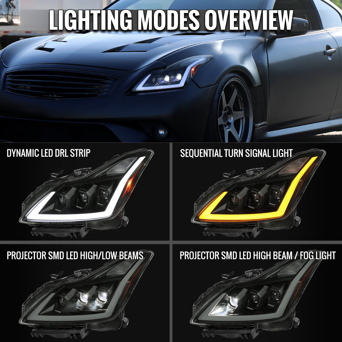 2008-2013 Infiniti G37/2014-2015 Q60 Coupe/Convertible Sequential Switchback LED Turn Signal Full LED Triple Projector Headlights (Matte Black Housing / Smoked Lens)