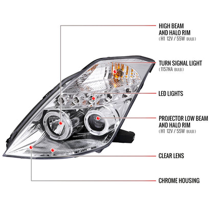 2003-2005 Nissan 350Z Dual Halo Projector Headlights (Chrome Housing/Clear Lens)