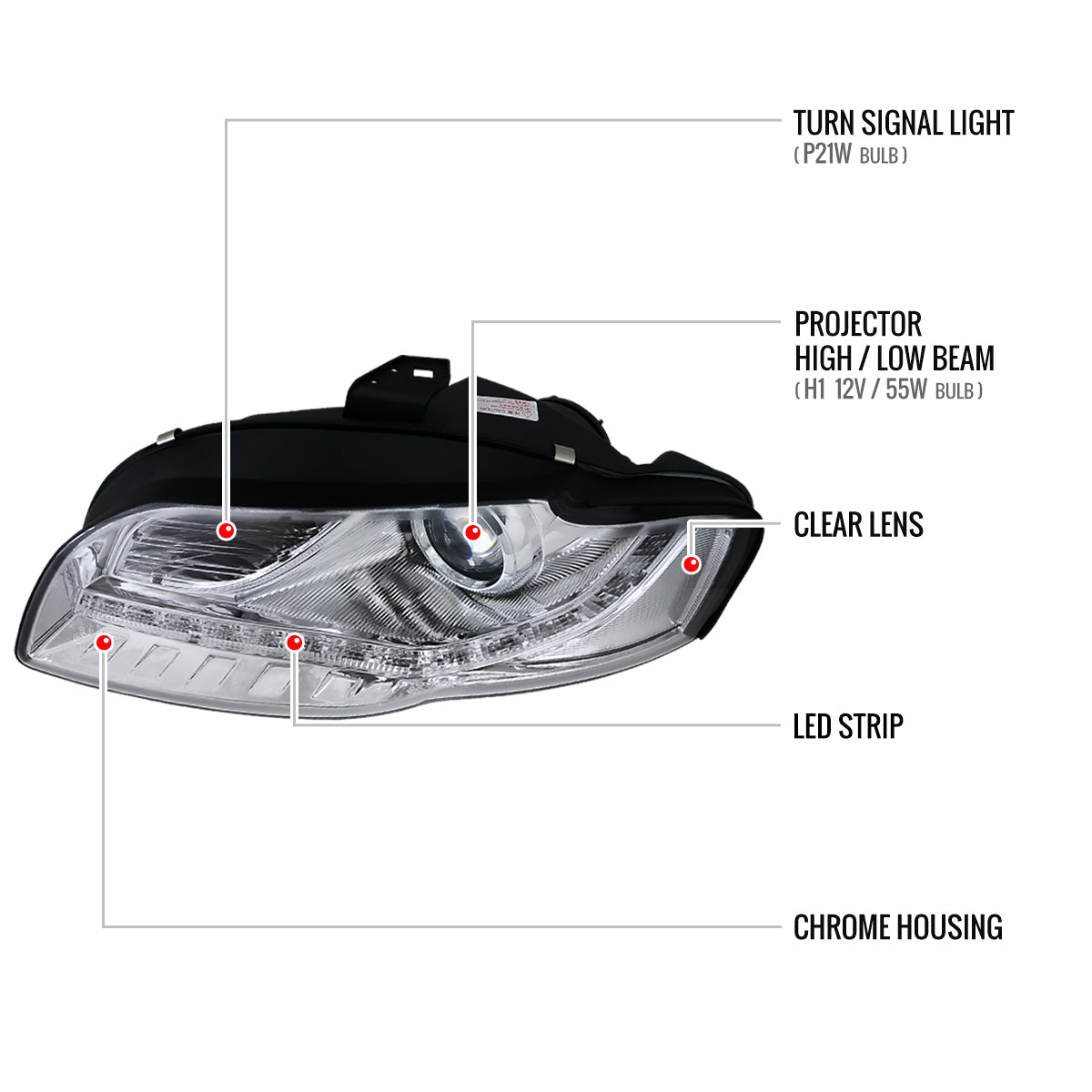 2006-2008 Audi A4 Projector Headlights w/ R8 Style SMD LED Light Strip (Chrome Housing/Clear Lens)
