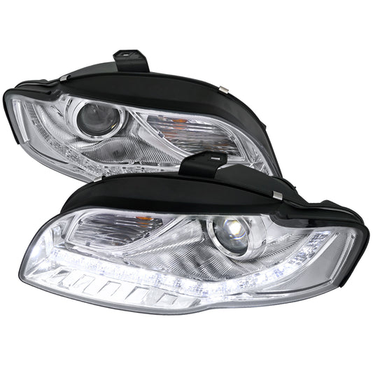 2006-2008 Audi A4 Projector Headlights w/ R8 Style SMD LED Light Strip (Chrome Housing/Clear Lens)