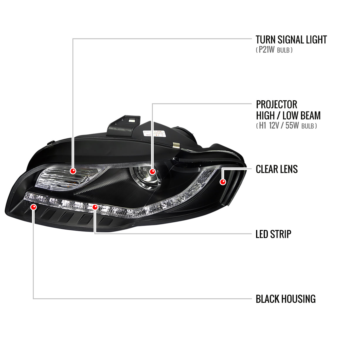 2006-2008 Audi A4 Projector Headlights w/ R8 Style SMD LED Light Strip (Matte Black Housing/Clear Lens)