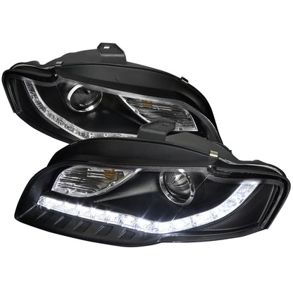 2006-2008 Audi A4 Projector Headlights w/ R8 Style SMD LED Light Strip (Matte Black Housing/Clear Lens)