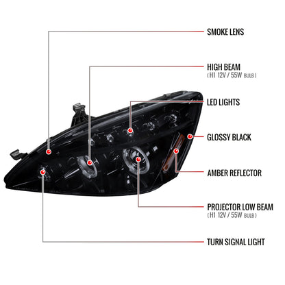 2003-2007 Honda Accord Dual Halo Projector Headlights (Glossy Black Housing/Smoked Lens)