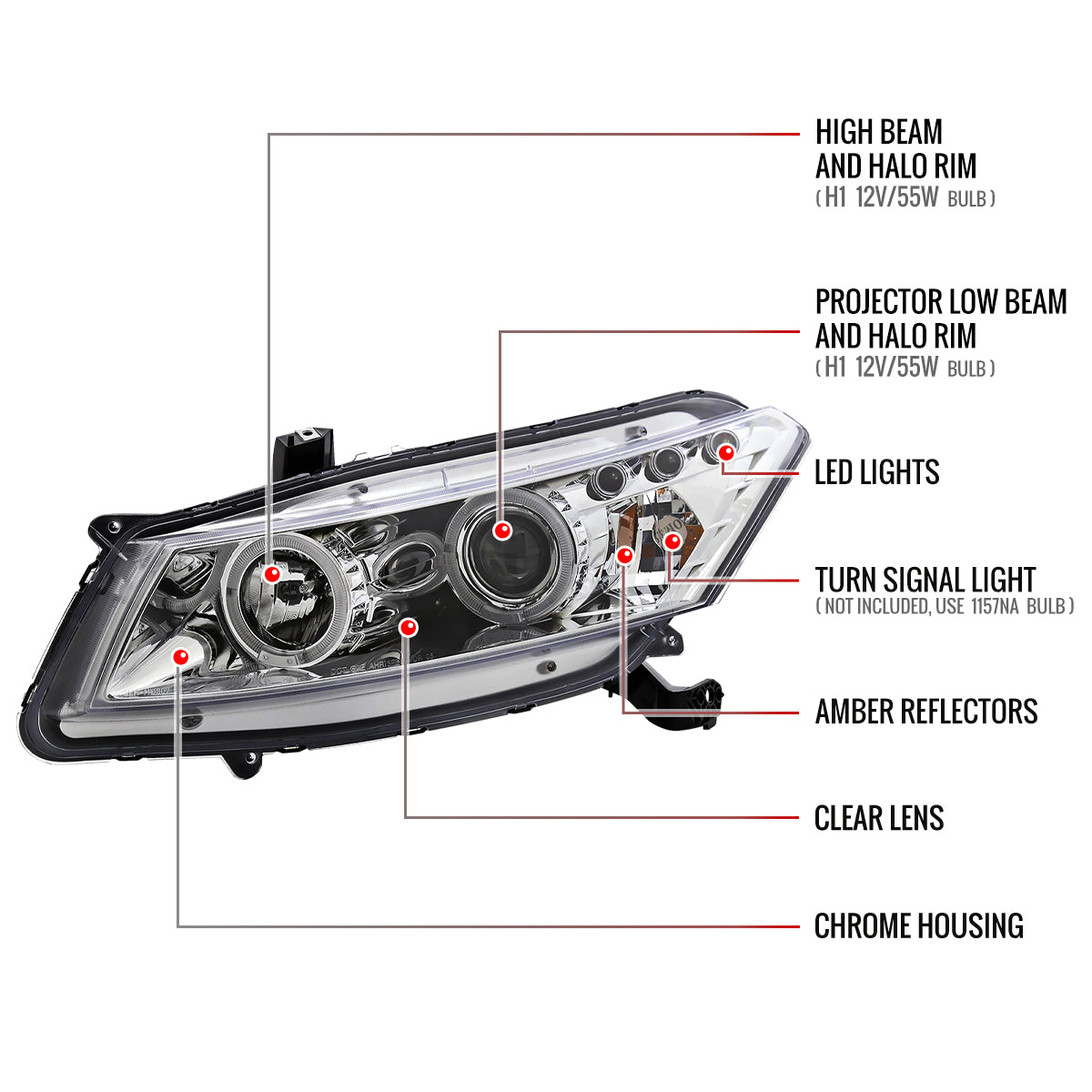 2008-2012 Honda Accord Coupe Dual Halo Projector Headlights (Chrome Housing/Clear Lens)
