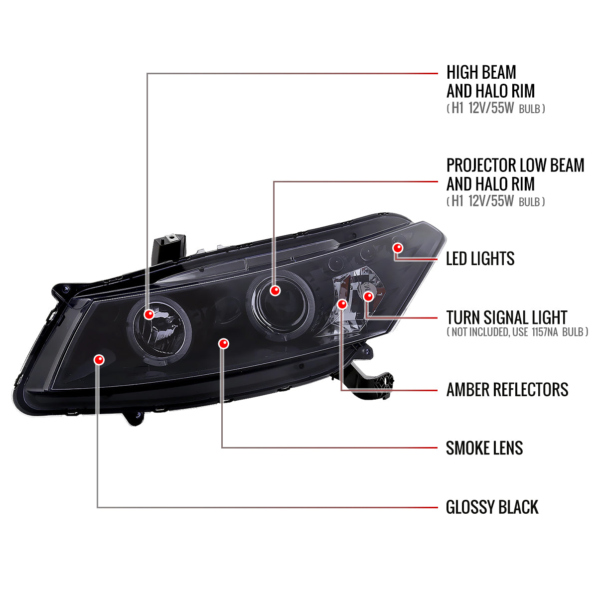 2008-2012 Honda Accord Coupe Dual Halo Projector Headlights (Glossy Black Housing/Smoked Lens)