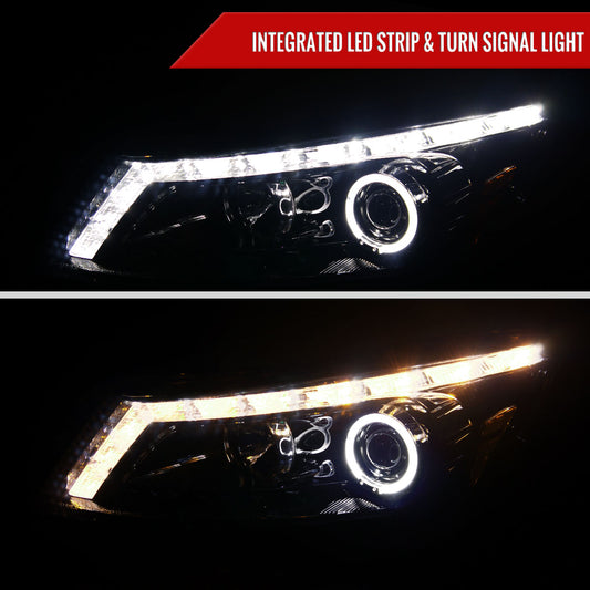 2008-2012 Honda Accord Sedan Single Halo Projector Headlights w/ LED Light Strip & LED Turn Signal Lights (Glossy Black Housing/Smoked Lens)