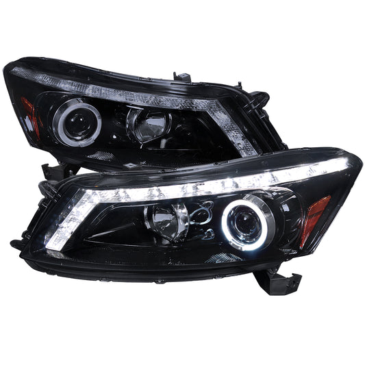 2008-2012 Honda Accord Sedan Single Halo Projector Headlights w/ LED Light Strip & LED Turn Signal Lights (Glossy Black Housing/Smoked Lens)