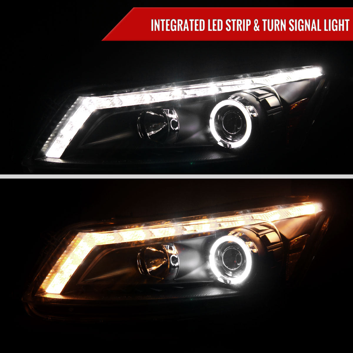 2008-2012 Honda Accord Sedan Single Halo Projector Headlights w/ LED Light Strip & LED Turn Signal Lights (Matte Black Housing/Clear Lens)
