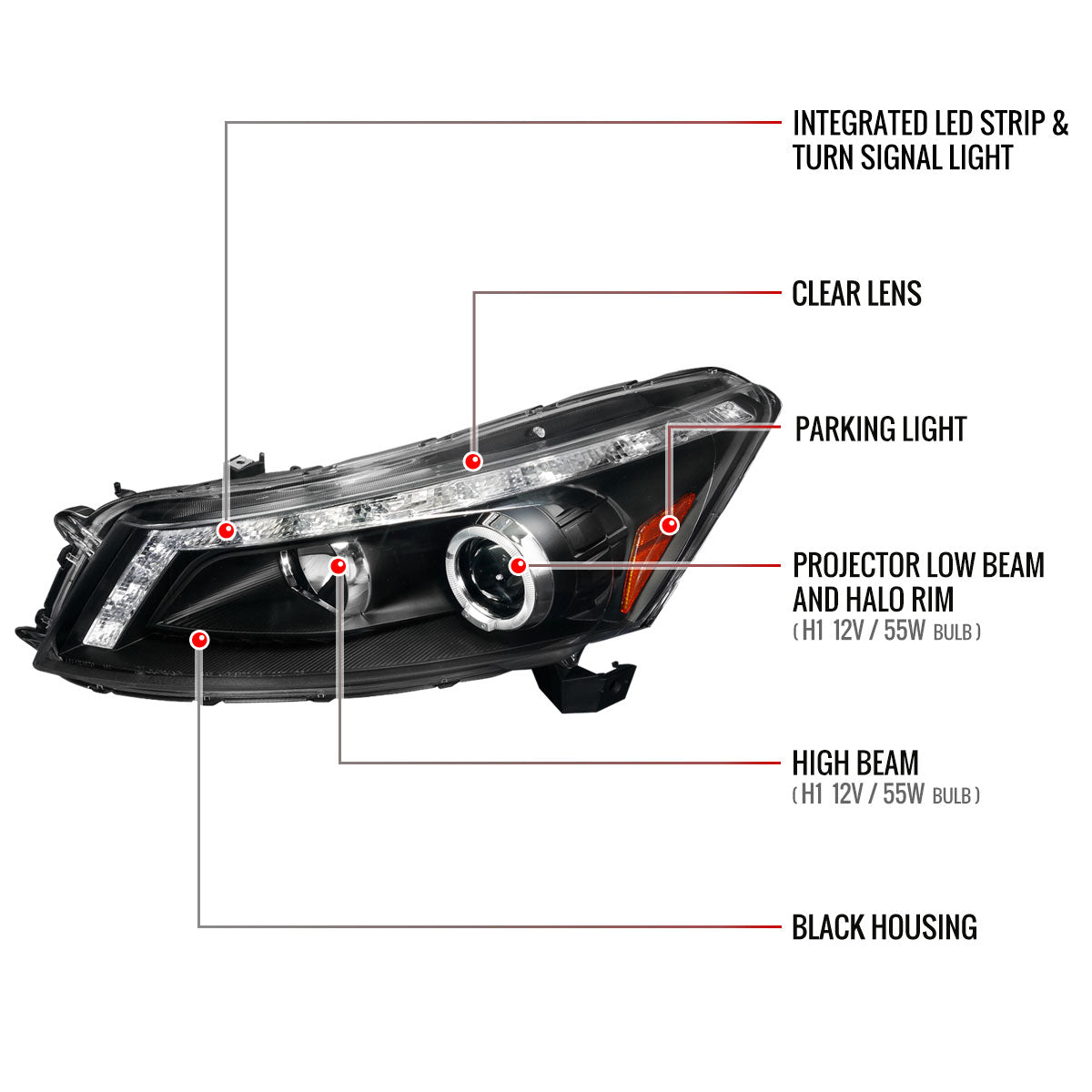 2008-2012 Honda Accord Sedan Single Halo Projector Headlights w/ LED Light Strip & LED Turn Signal Lights (Matte Black Housing/Clear Lens)