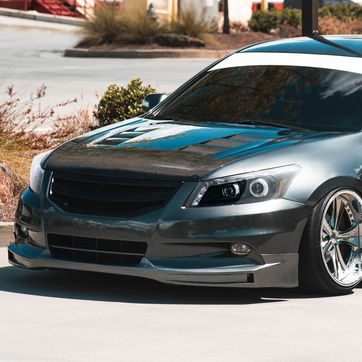 2008-2012 Honda Accord Sedan Single Halo Projector Headlights w/ LED Light Strip & LED Turn Signal Lights (Matte Black Housing/Clear Lens)