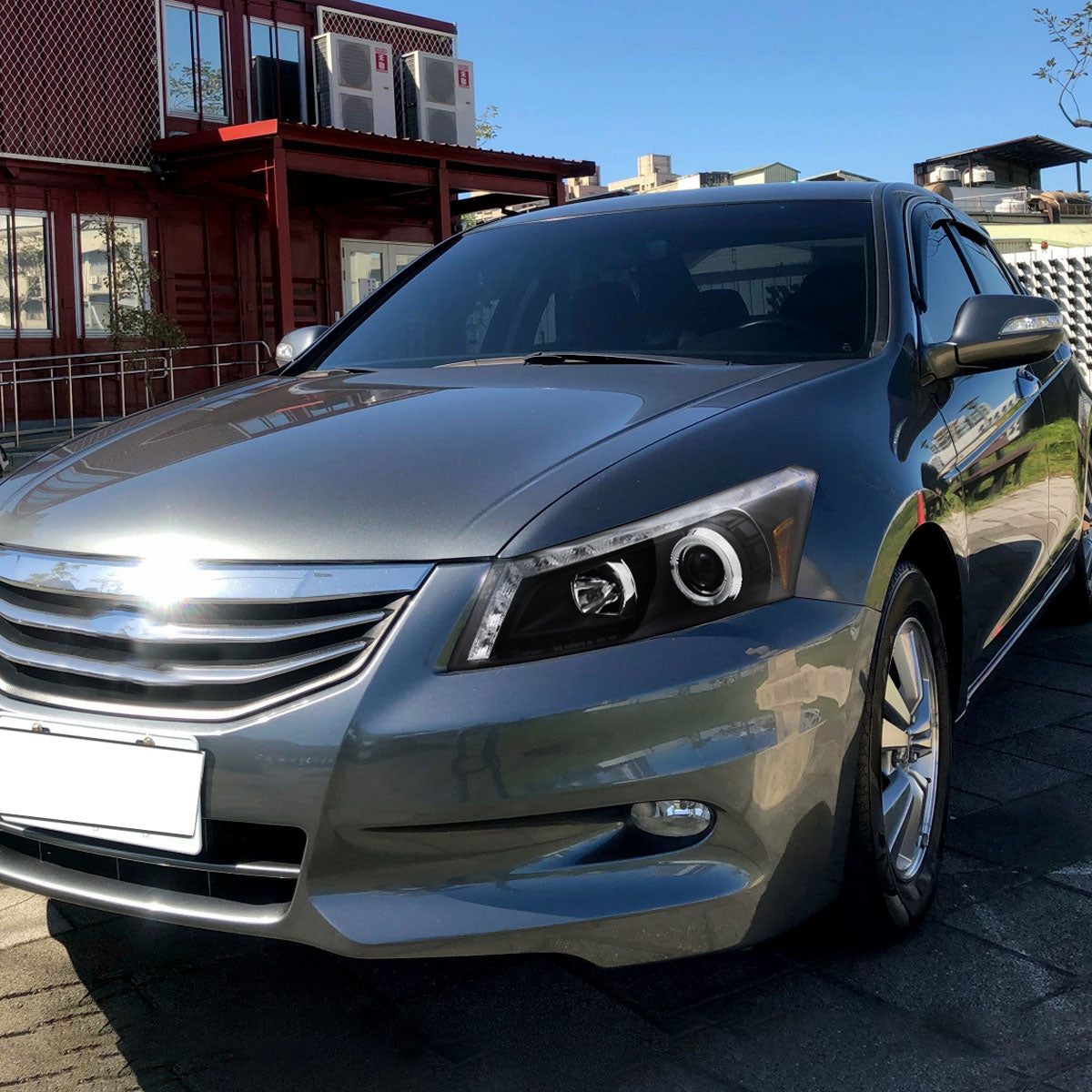 2008-2012 Honda Accord Sedan Single Halo Projector Headlights w/ LED Light Strip & LED Turn Signal Lights (Matte Black Housing/Clear Lens)