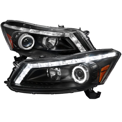 2008-2012 Honda Accord Sedan Single Halo Projector Headlights w/ LED Light Strip & LED Turn Signal Lights (Matte Black Housing/Clear Lens)