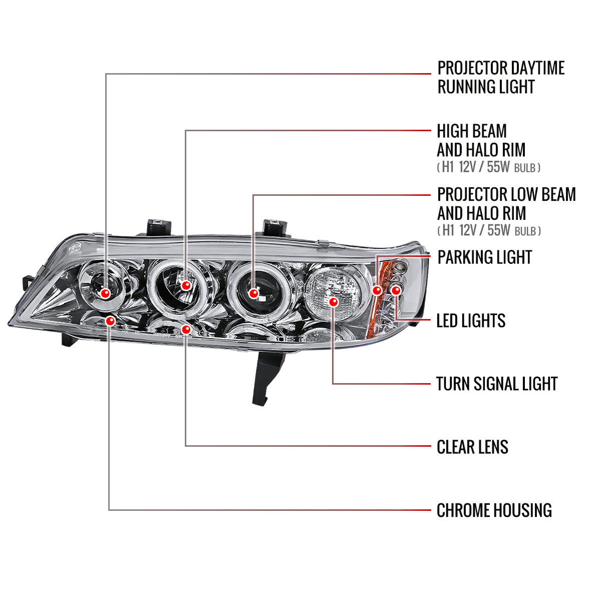 1994-1997 Honda Accord Dual Halo Projector Headlights (Chrome Housing/Clear Lens)