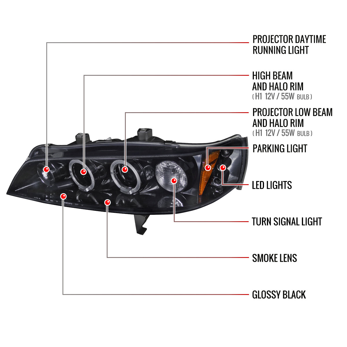 1994-1997 Honda Accord Dual Halo Projector Headlights (Glossy Black Housing/Smoked Lens)
