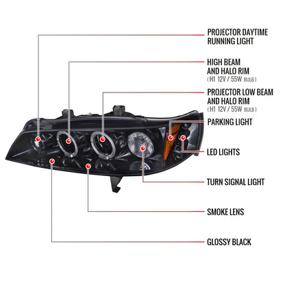 1994-1997 Honda Accord Dual Halo Projector Headlights (Glossy Black Housing/Smoked Lens)