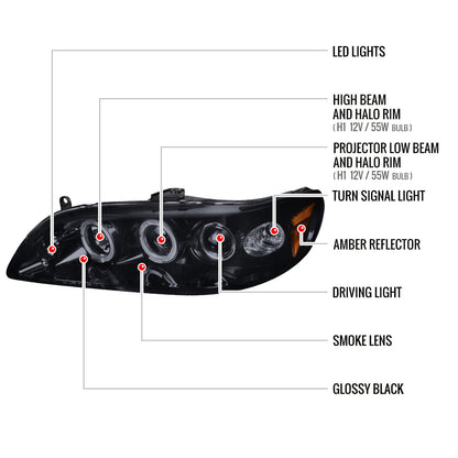 1998-2002 Honda Accord Dual Halo Projector Headlights (Glossy Black Housing/Smoked Lens)