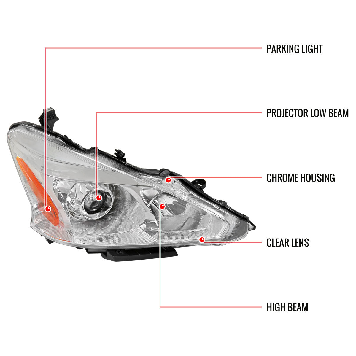 2013-2015 Nissan Altima Sedan Clear Lens Projector Headlight w/ Amber Reflector - Passenger Side Only