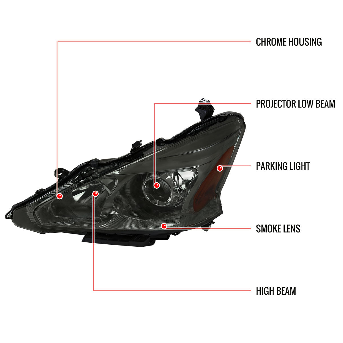 2013-2015 Nissan Altima Sedan Projector Headlights (Chrome Housing/Smoked Lens)