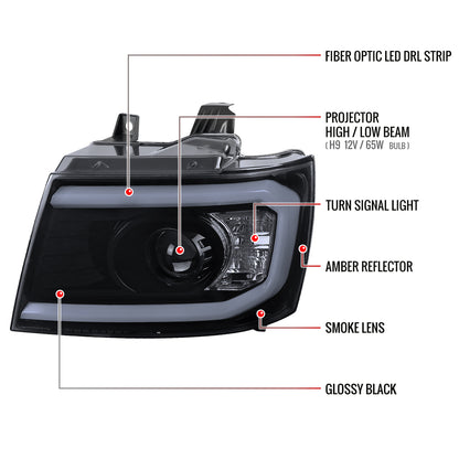 2007-2013 Chevrolet Avalanche/ 2007-2014 Tahoe Suburban LED C-Bar Projector Headlights (Glossy Black Housing/Smoked Lens)