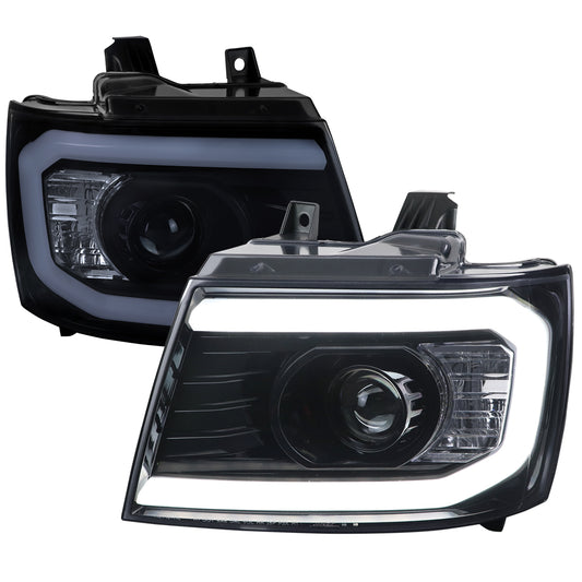 2007-2013 Chevrolet Avalanche/ 2007-2014 Tahoe Suburban LED C-Bar Projector Headlights (Glossy Black Housing/Smoked Lens)