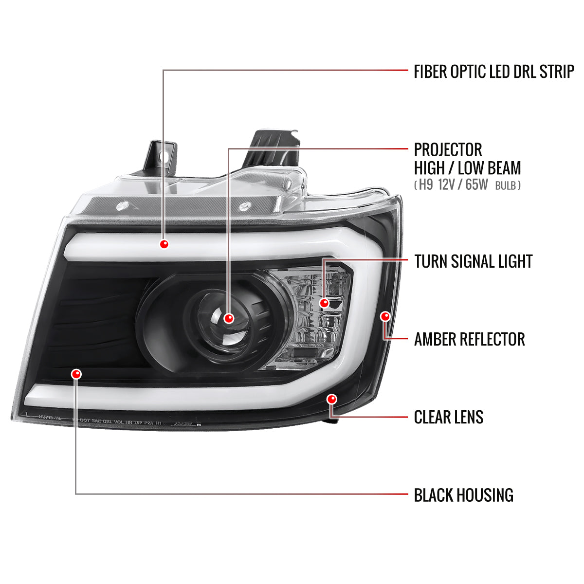 2007-2013 Chevrolet Avalanche/ 2007-2014 Tahoe Suburban LED C-Bar Projector Headlights (Black Housing/Clear Lens)