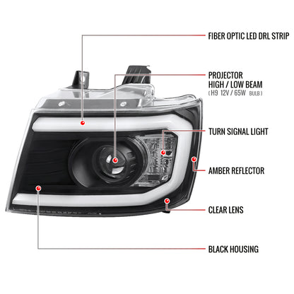 2007-2013 Chevrolet Avalanche/ 2007-2014 Tahoe Suburban LED C-Bar Projector Headlights (Black Housing/Clear Lens)