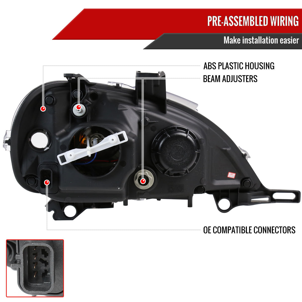 2002-2005 Mercedes Benz W163 ML Class Projector Headlights w/ SMD LED Light Strip (Matte Black Housing/Clear Lens)