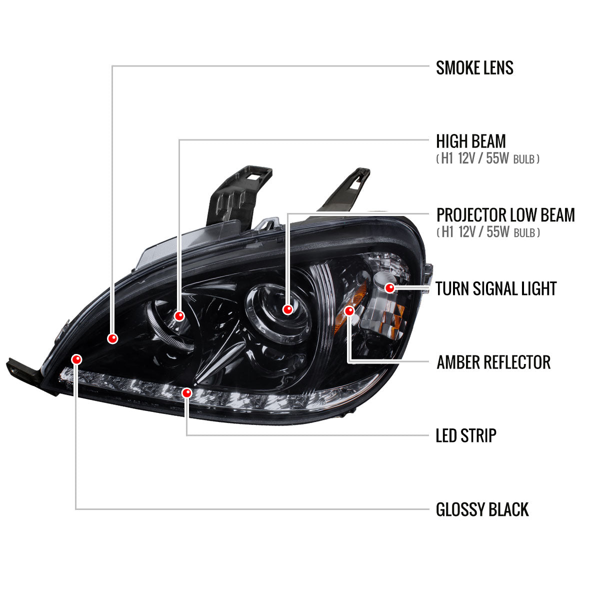 1998-2001 Mercedes Benz W163 ML Class Projector Headlights w/ SMD LED Light Strip (Glossy Black Housing/Smoked Lens)