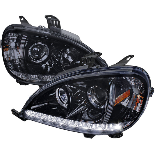 1998-2001 Mercedes Benz W163 ML Class Projector Headlights w/ SMD LED Light Strip (Glossy Black Housing/Smoked Lens)
