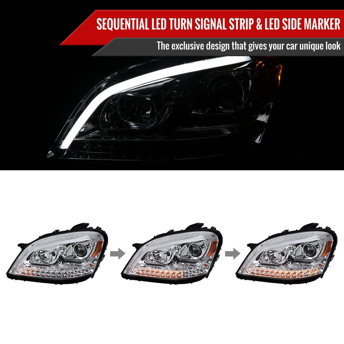 2006-2008 Mercedes Benz W164 ML Class LED Bar Projector Headlights w/ Sequential Turn Signal Lights (Chrome Housing/Clear Lens)