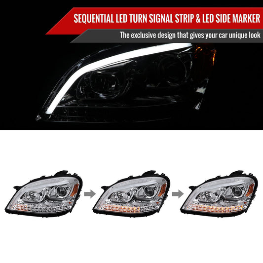 2006-2008 Mercedes Benz W164 ML Class LED Bar Projector Headlights w/ Sequential Turn Signal Lights (Chrome Housing/Clear Lens)