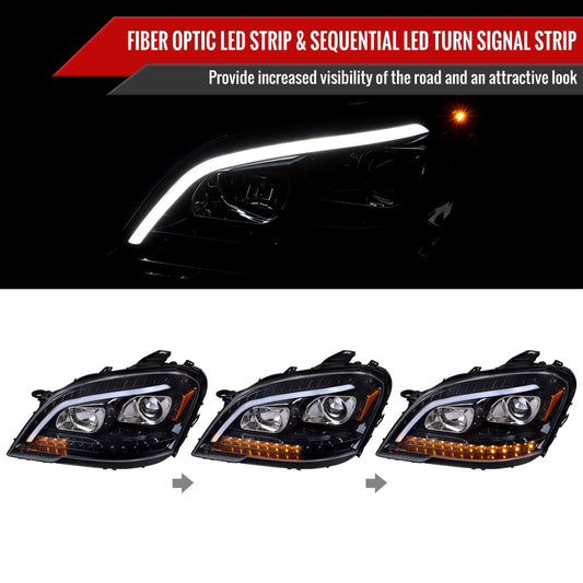 2009-2011 Mercedes Benz W164 ML-Class LED Sequetial Turn Signal Projector Headlights (Glossy Black Housing/Clear Lens)